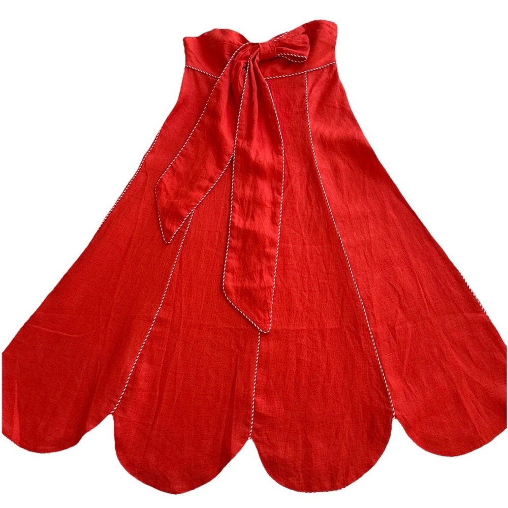 Farm Rio Red Front Bow Scalloped Hem Linen Midi Dress-M-Sweetheart A-Line Resort - Picture 2 of 13